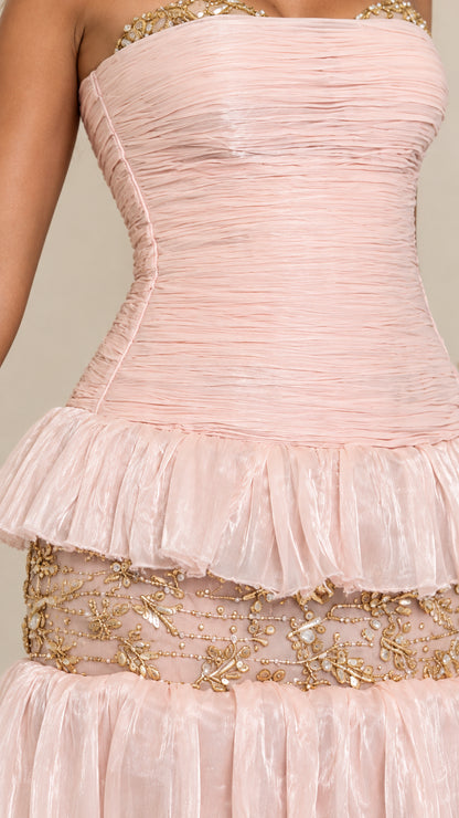 Close-up detail of Blush Pink finely pleated bodice and metallic floral embroidery trim