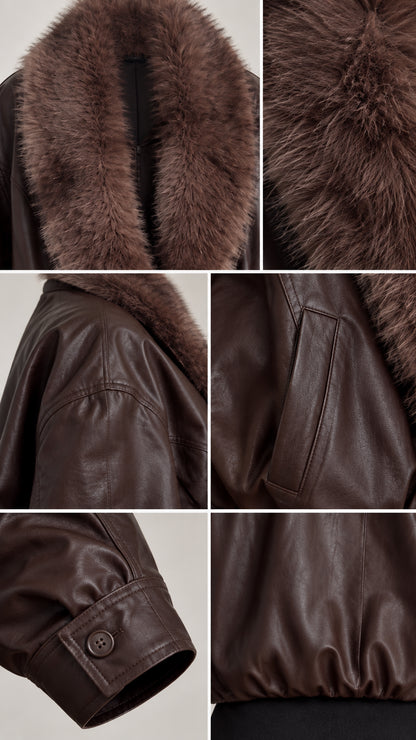 Close-up details of faux fur collar texture, leather grain, welt pocket, and button cuff