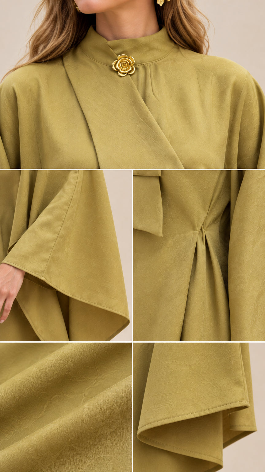 Close-up details of collar brooch, pleat, and fabric of cape dress
