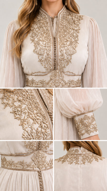 Close-up detail of metallic gold embroidery on collar, bodice, waist, and cuffs