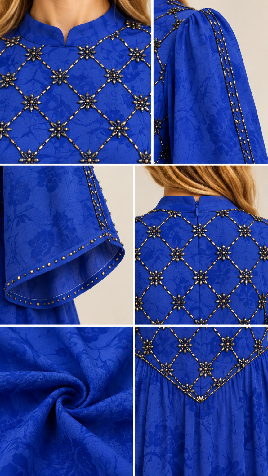 Close-up details of royal blue jacquard fabric and beaded lattice embellishments