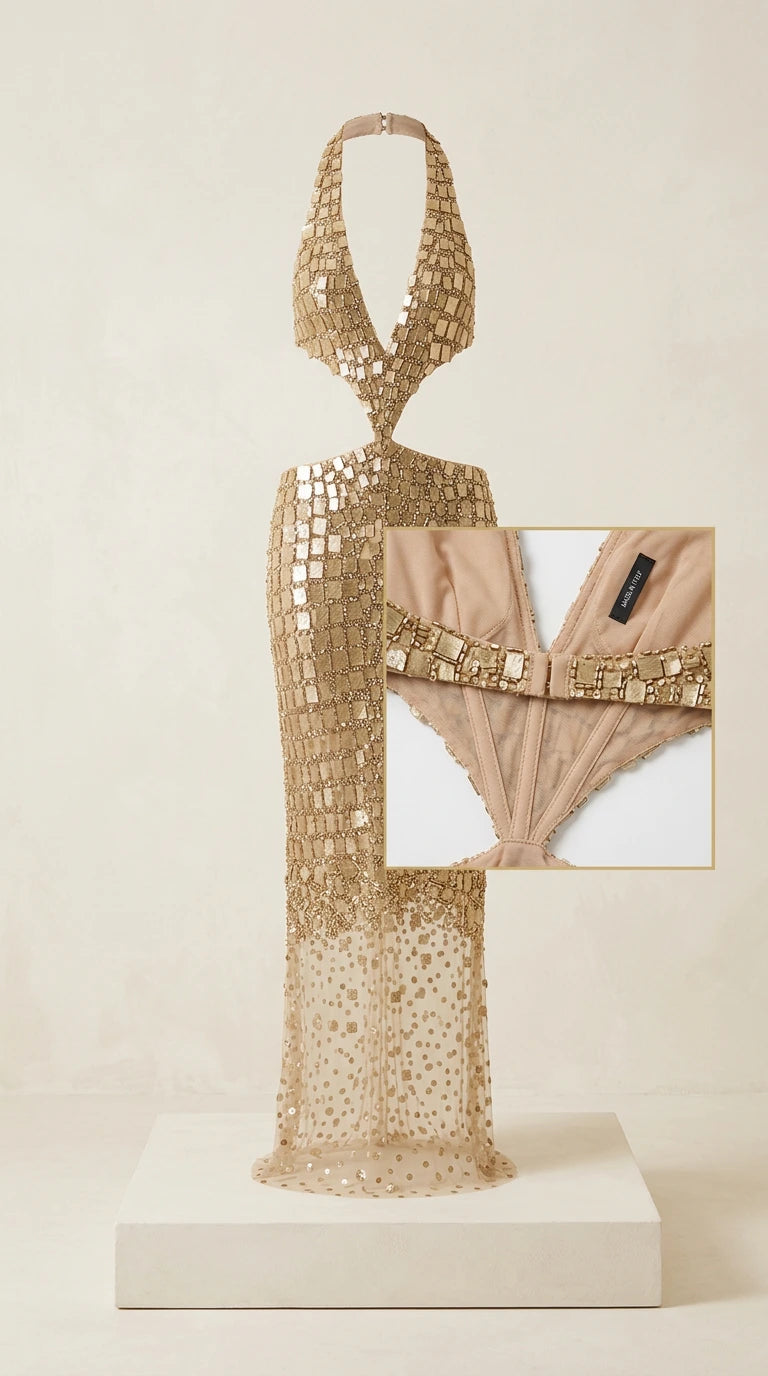 Gold sequin halter cutout maxi dress on display with bodice hook detail