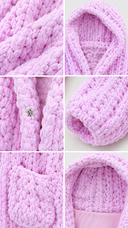 Close-up details of soft pink chenille knit texture, hood, pocket, and cuff