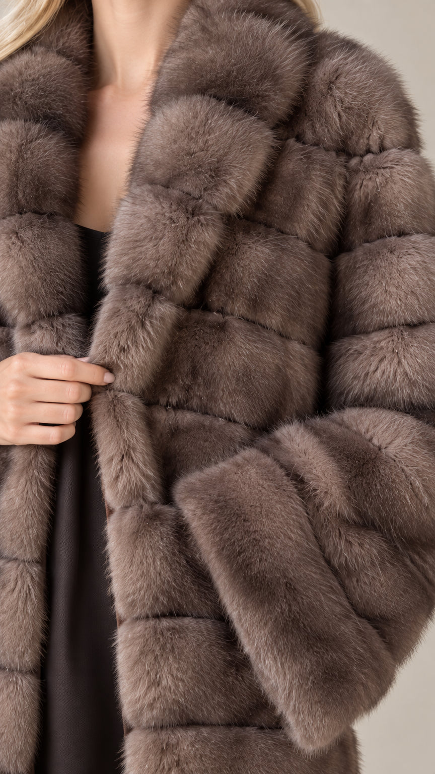Close-up detail of plush horizontal grooved texture and collar on taupe faux fur coat