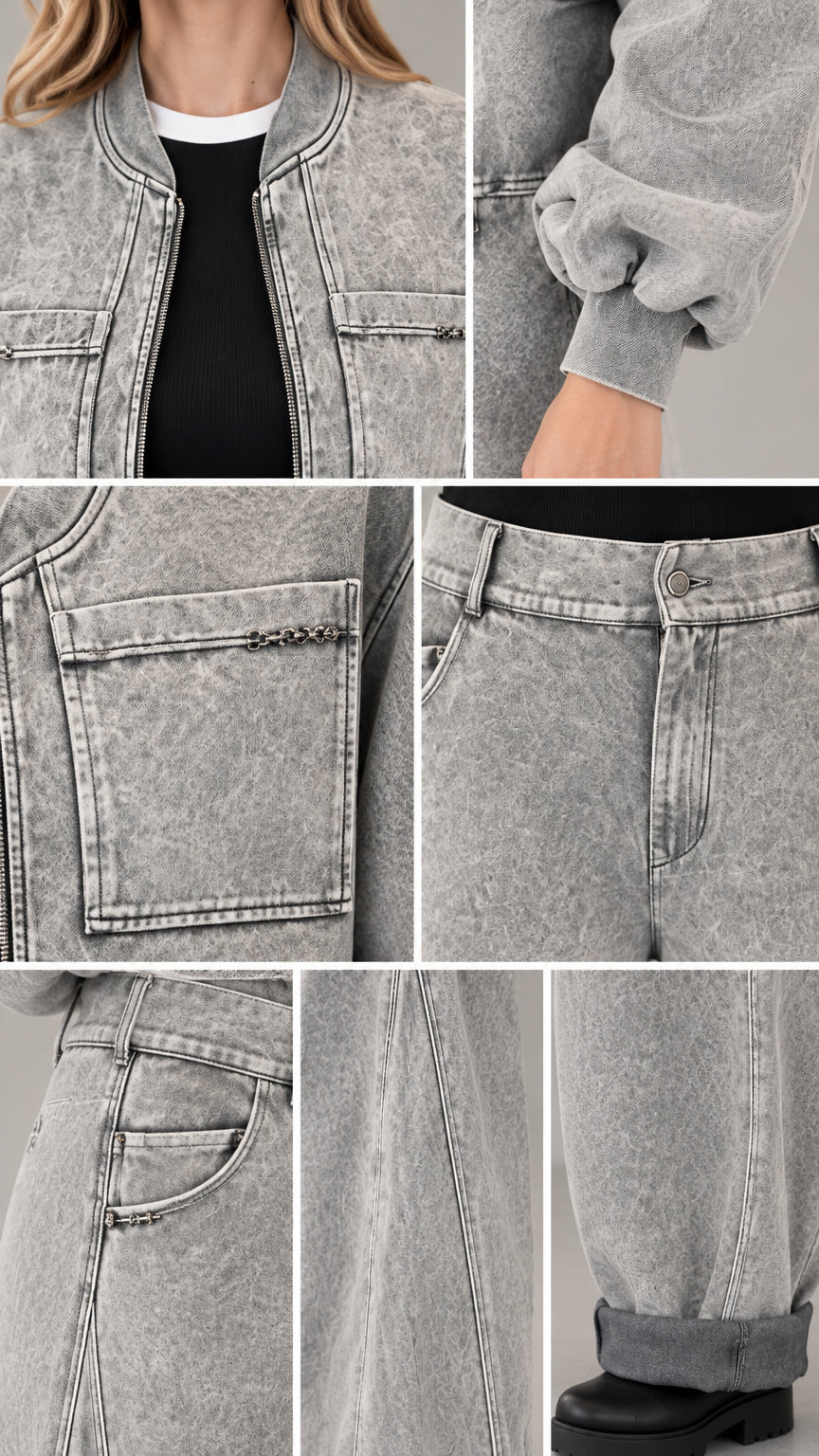 Detailed close-up shots of ribbed collar, cuffs, pocket, and denim stitching