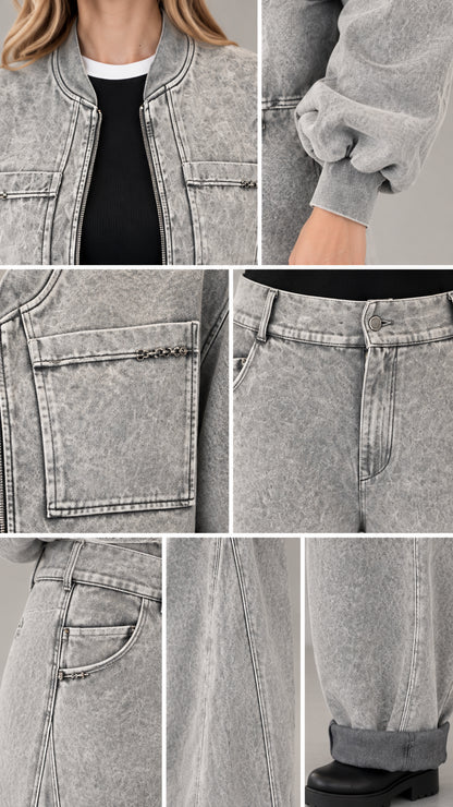 Detailed close-up shots of ribbed collar, cuffs, pocket, and denim stitching