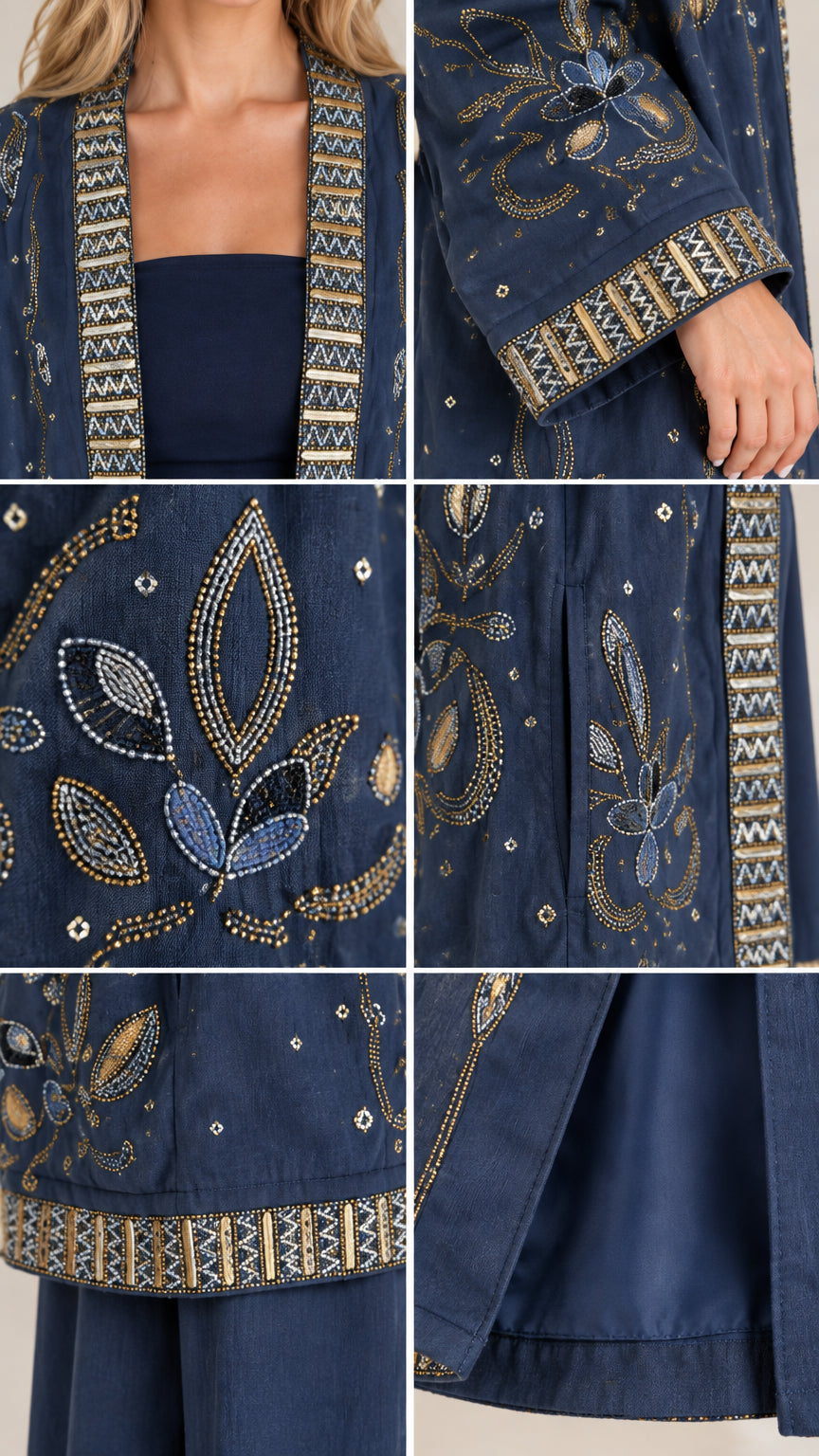 Close-up detail of metallic embroidery, beaded leaf motifs, and geometric borders on navy fabric