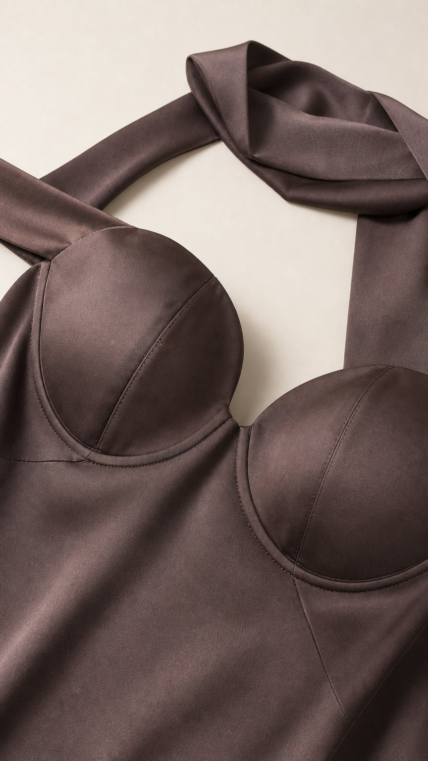 Close-up detail of structured underwire sweetheart bustier bodice and satin neck strap