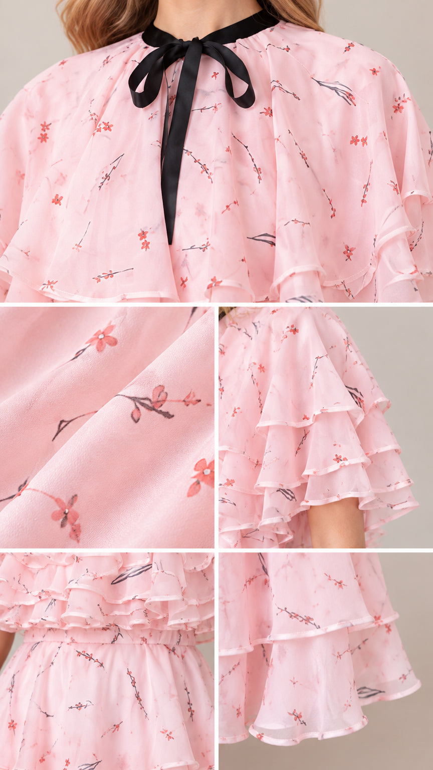 Detail view of floral chiffon fabric, neck bow tie, and flutter layers