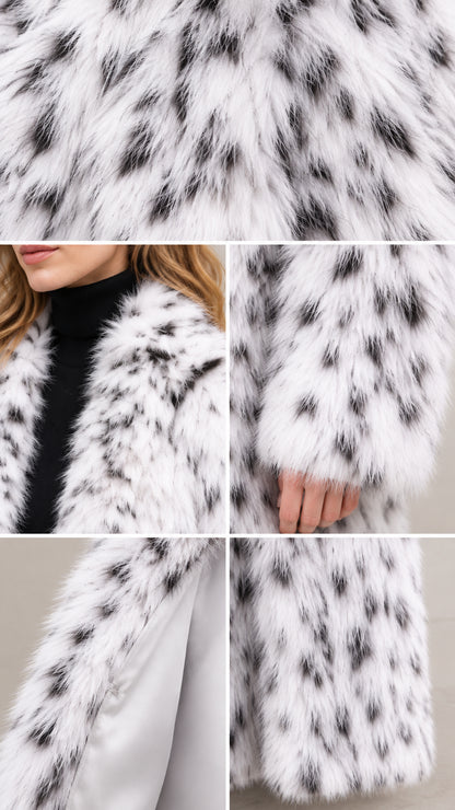 Close-up detail shots showing speckled fur texture, collar lapel, cuff, and smooth inner lining