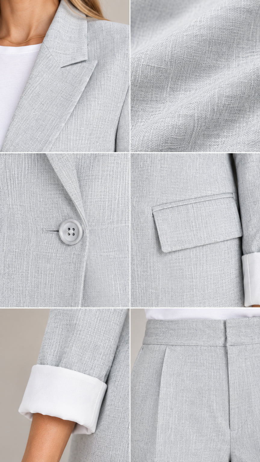 Close-up detail collage showing blazer lapel, woven fabric texture, button, flap pocket, cuff, and waistband