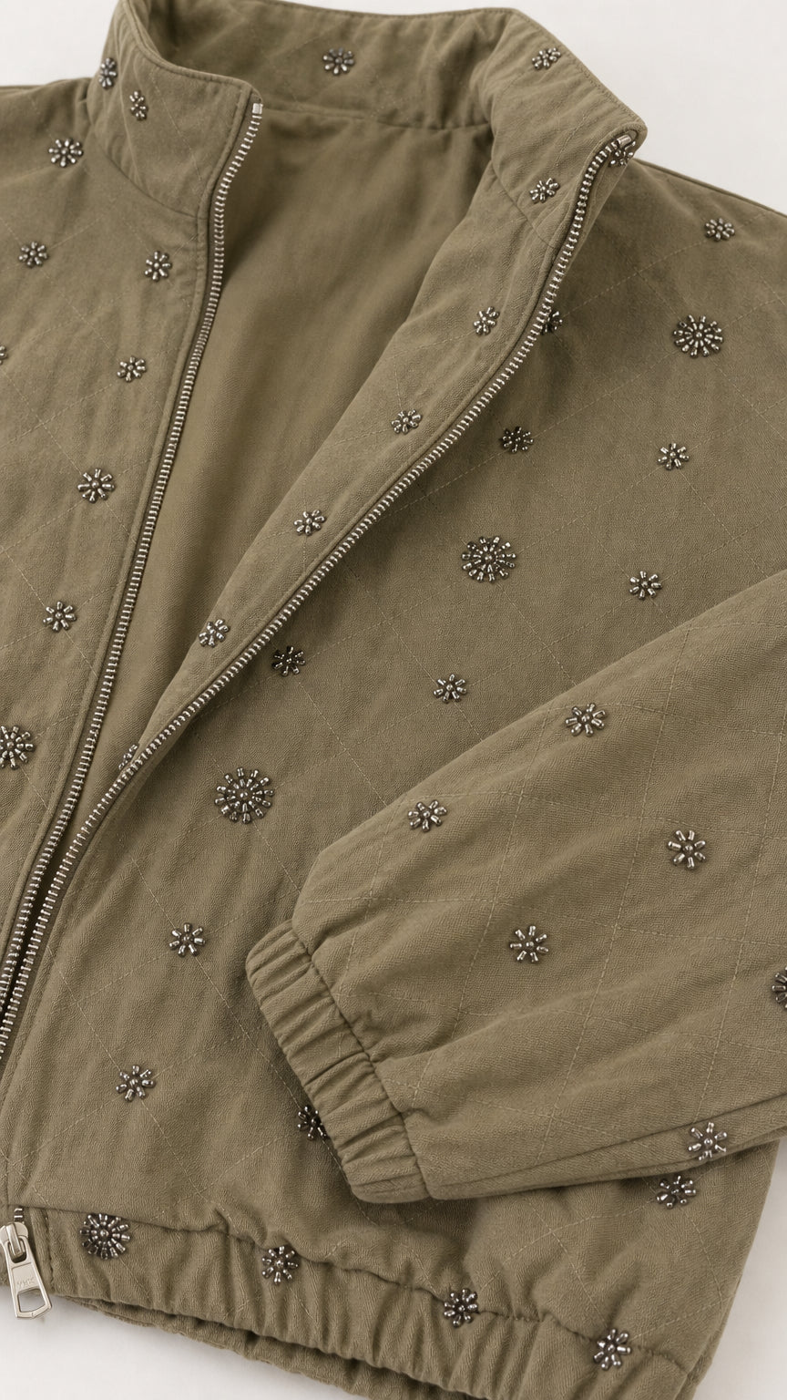 Close-up detail of floral metal studs, zipper, and fabric texture on Olive Green jacket