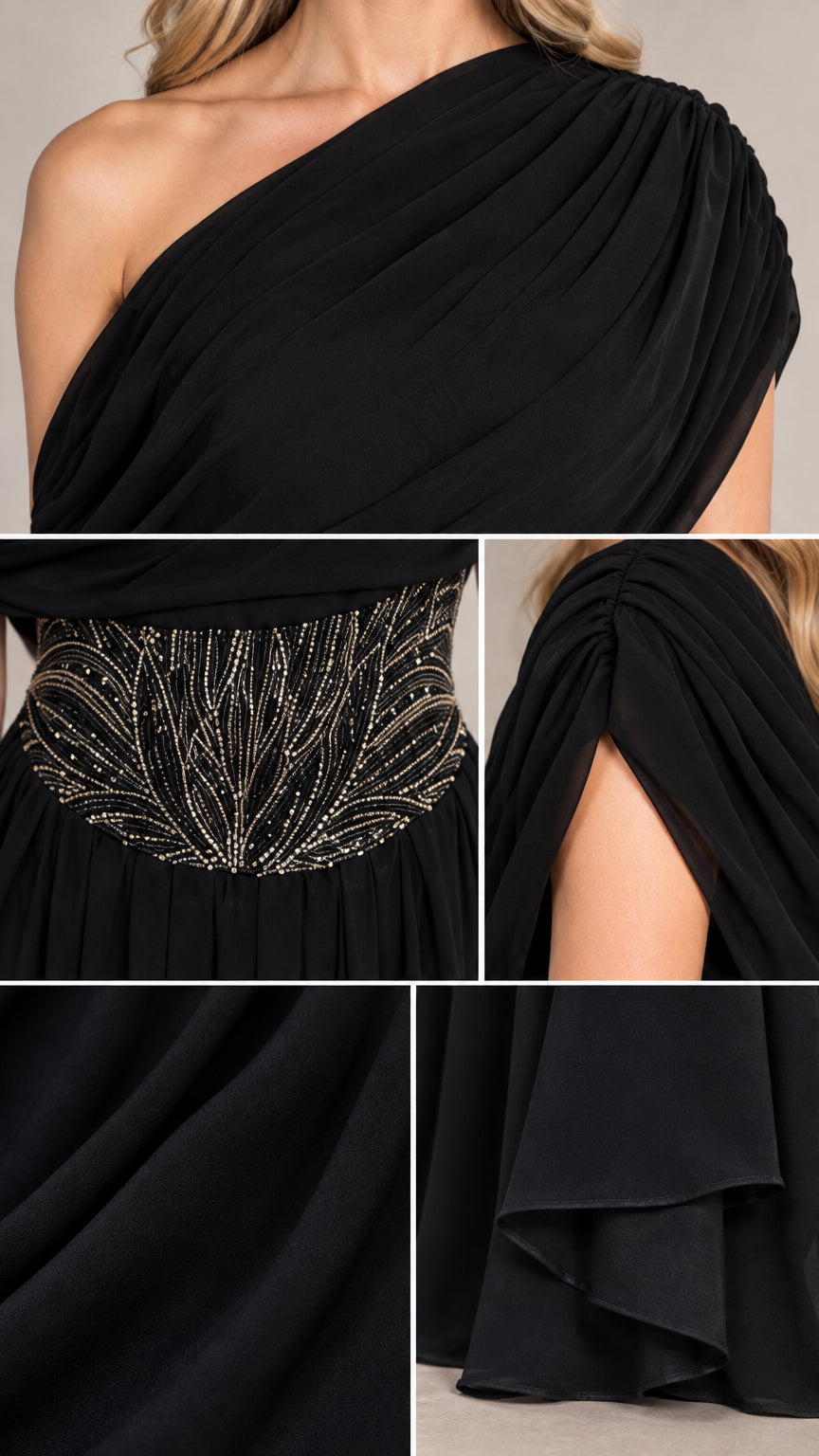 Close-up details of beaded waist embellishment and one-shoulder draped neckline
