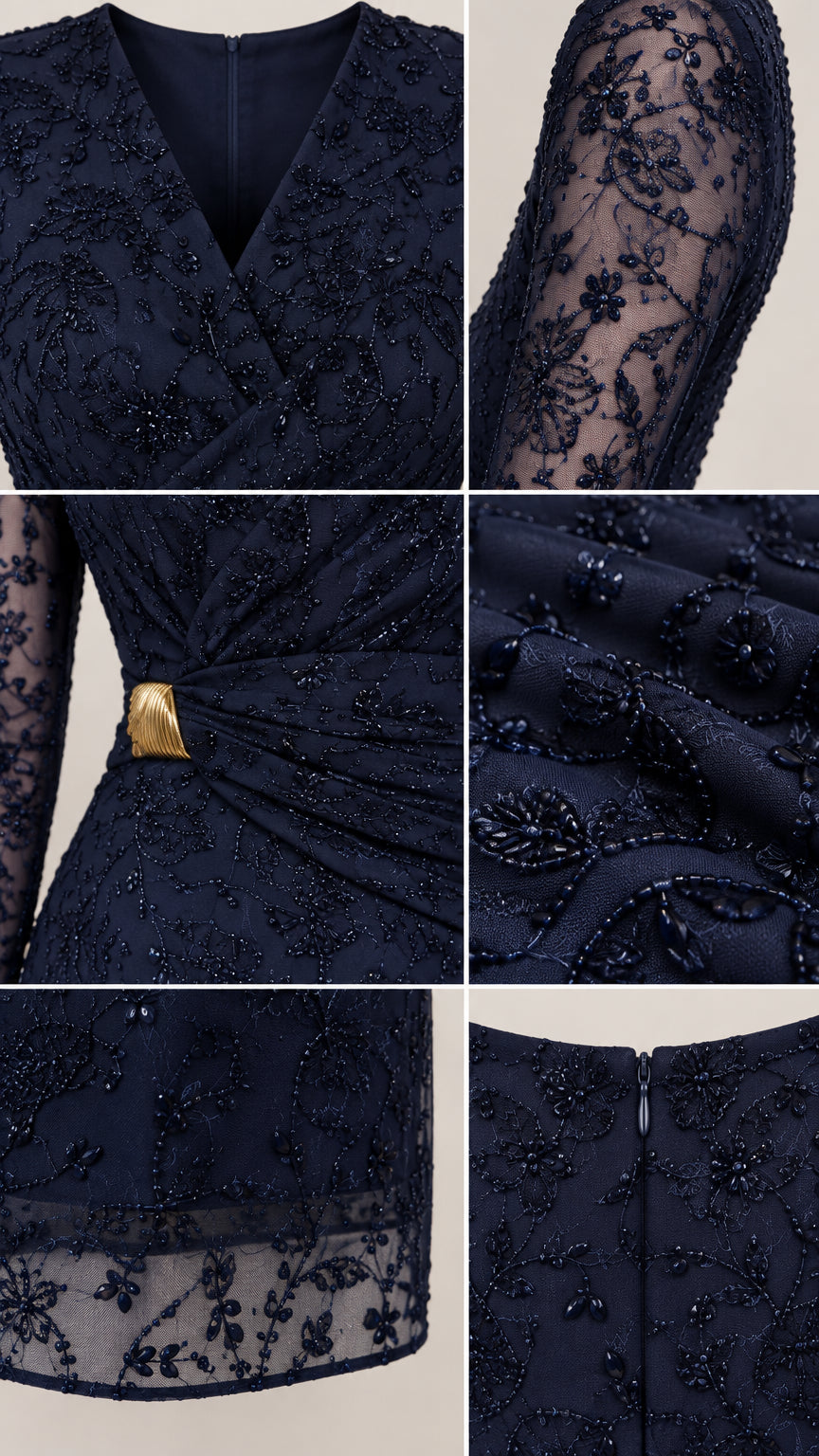 Close-up details of navy blue floral lace embroidery, beaded embellishments, and waist buckle