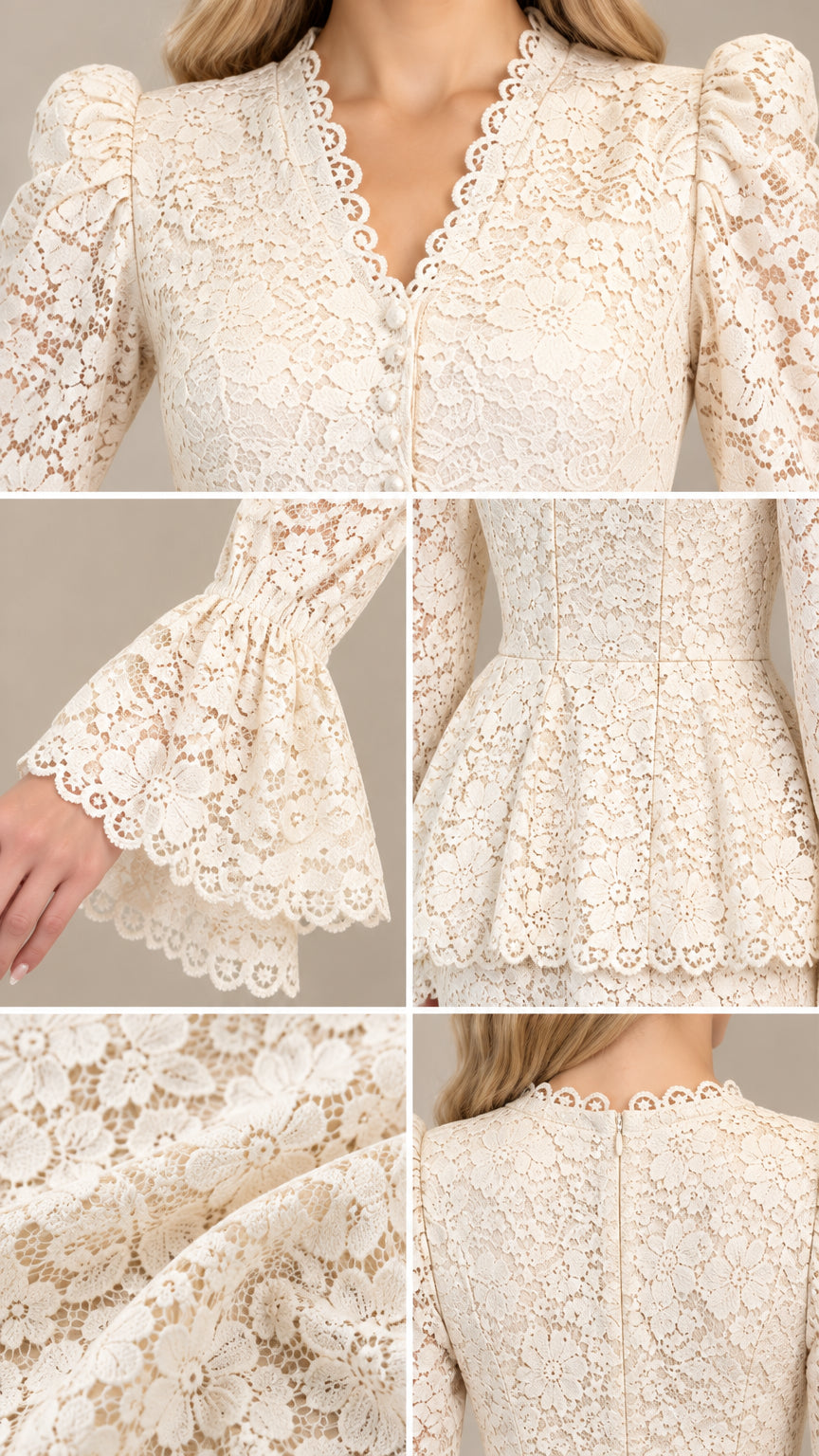 Close-up details of scalloped V-neckline, lace fabric texture, bell cuffs, and peplum waist