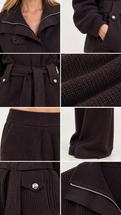 Detailed close-ups of ribbed knit fabric, zipper collar, pocket accents, and waist belt