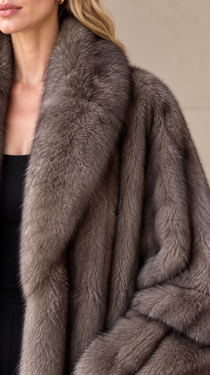 Close-up detail of plush shawl collar and grooved faux fur texture in taupe