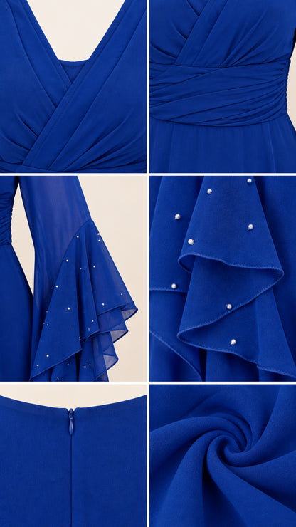 Close-up details of neckline, ruched waist, pearl-beaded bell sleeve ruffles, and chiffon fabric