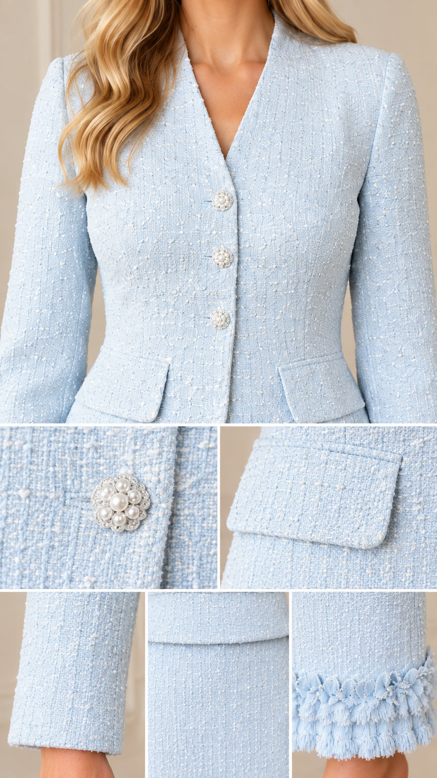 Detailed close-up of light blue tweed fabric, crystal flower buttons, flap pocket, and fringe hem