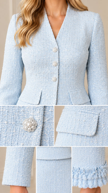 Detailed close-up of light blue tweed fabric, crystal flower buttons, flap pocket, and fringe hem