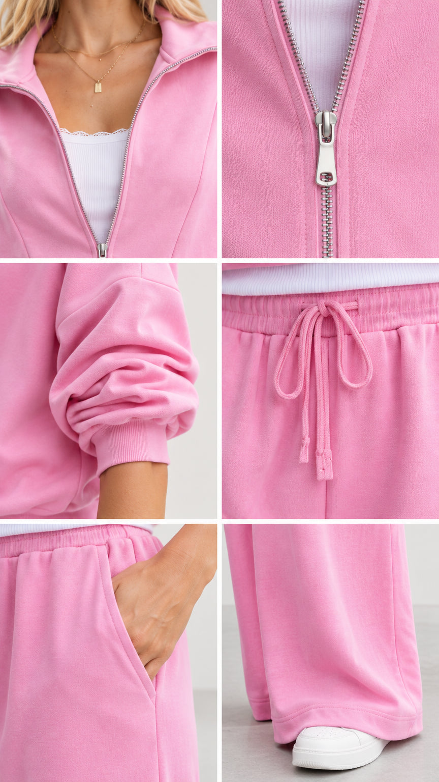 Close-up details of pink jacket zipper, elastic cuffs, drawstring waist, and pant pockets