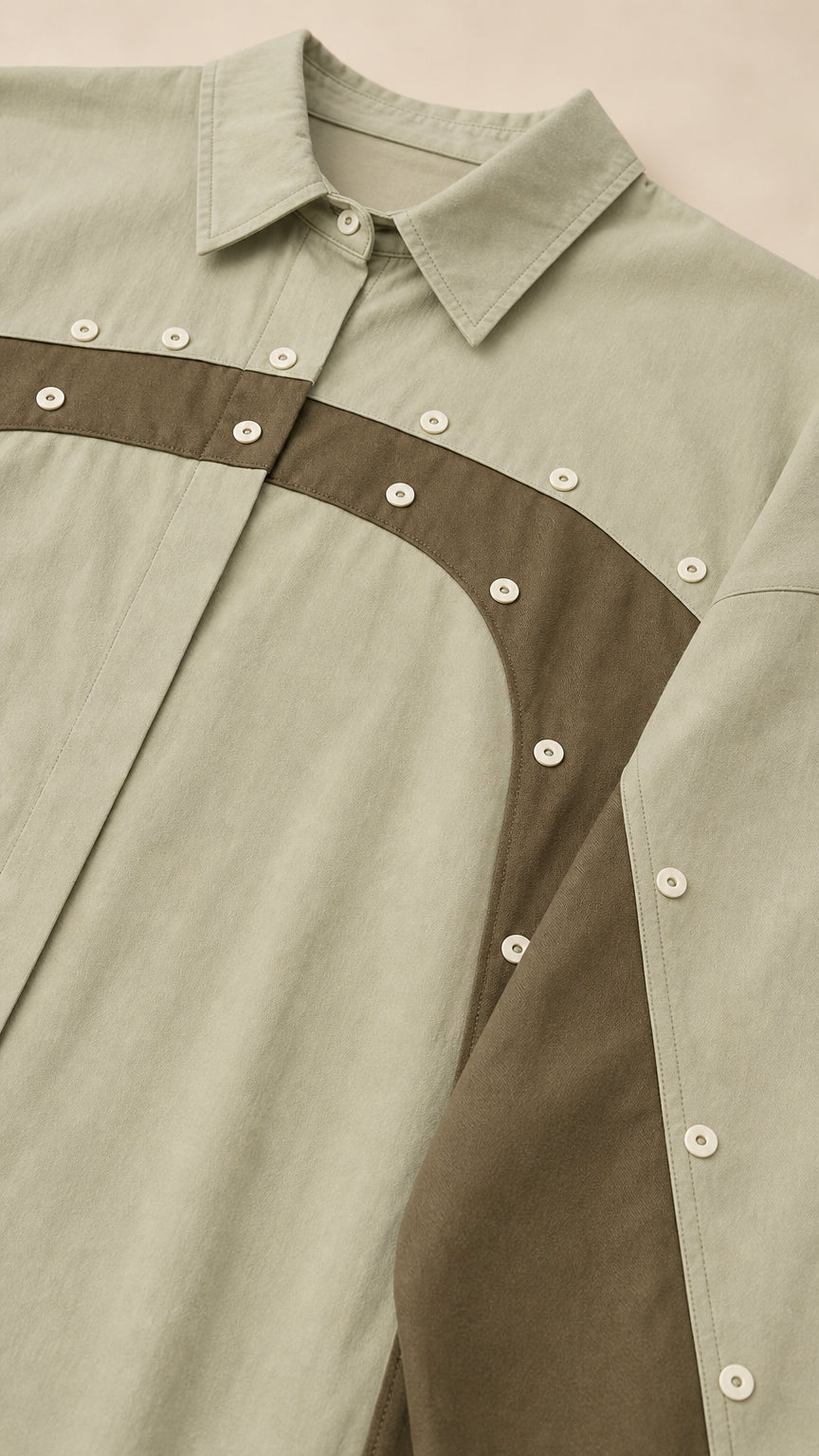 Close-up detail of collar and button trim on Sage Green shirt dress