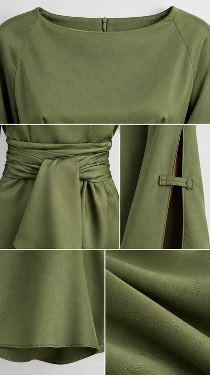 Detailed close-ups of neckline, waist sash, split sleeve tab, and fabric texture
