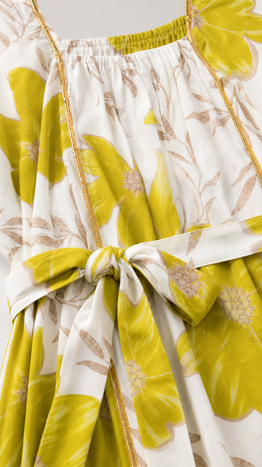Close up of square gathered neckline and matching fabric belt with floral print
