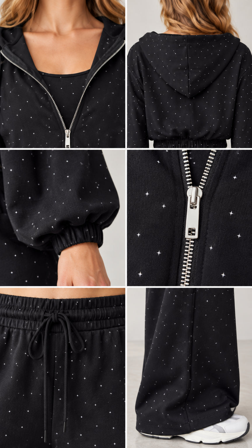 Close-up details of rhinestone embellishments, metal zipper, elastic cuffs, and drawstring waistband