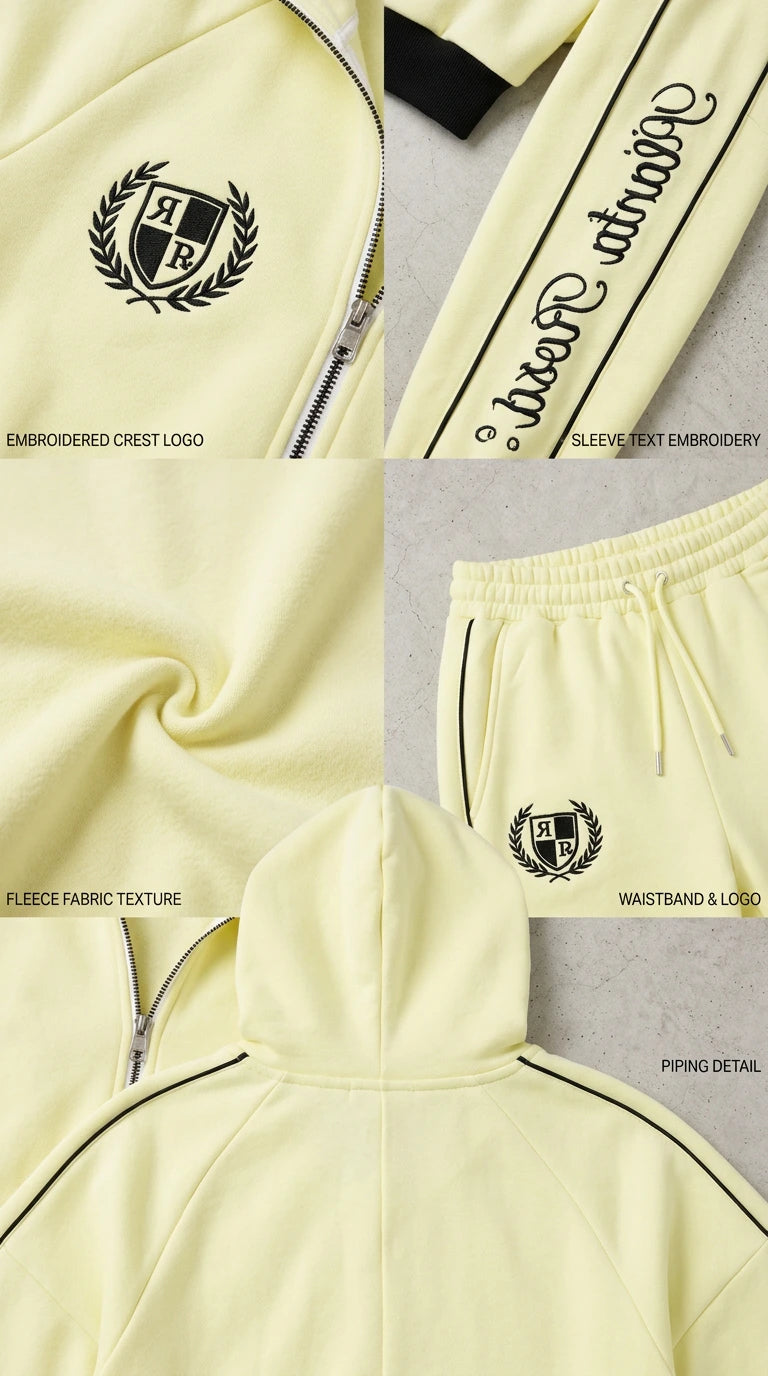 Close-up details of embroidered crest, sleeve script, fleece texture, and contrast piping