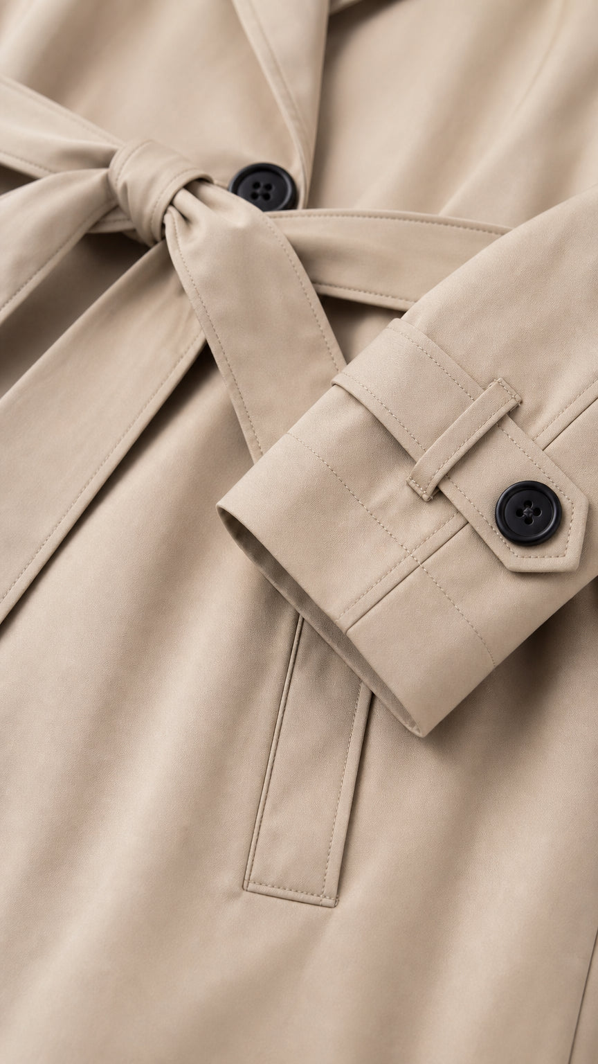 Close-up detail of beige trench jacket belt tie, cuff strap button, and welt pocket