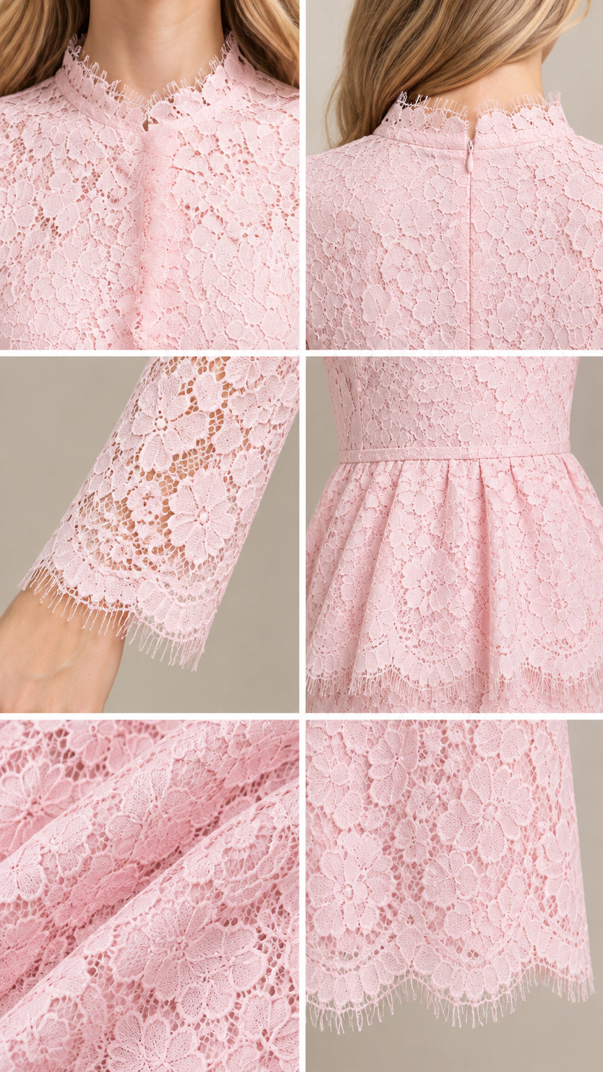 Close-up details of neckline, lace texture, sleeve cuff, and peplum waist