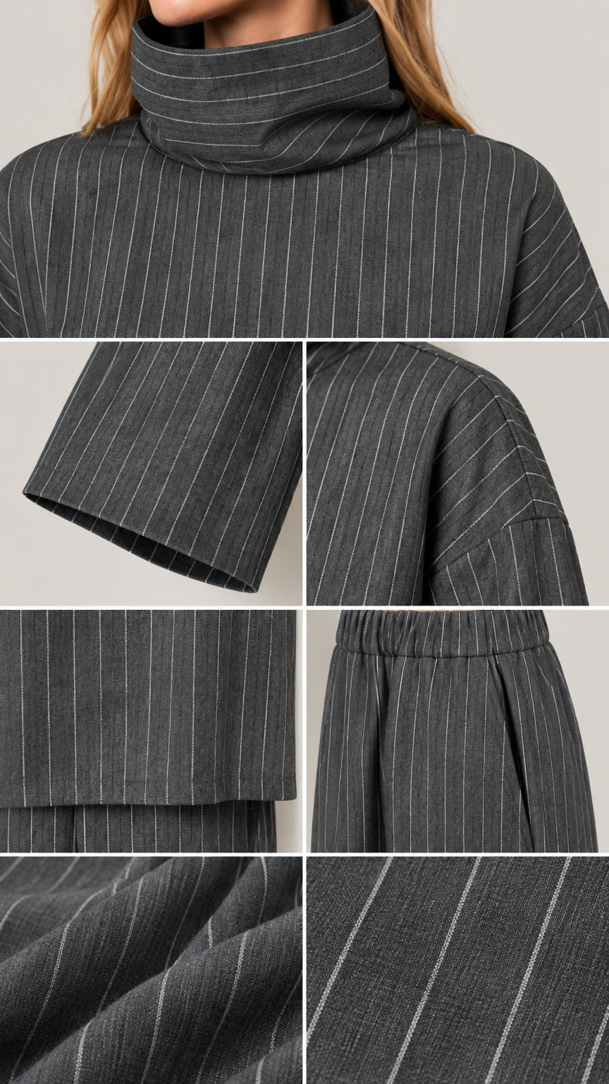 Close-up details of pinstripe fabric, funnel collar, sleeve cuffs, and waistband