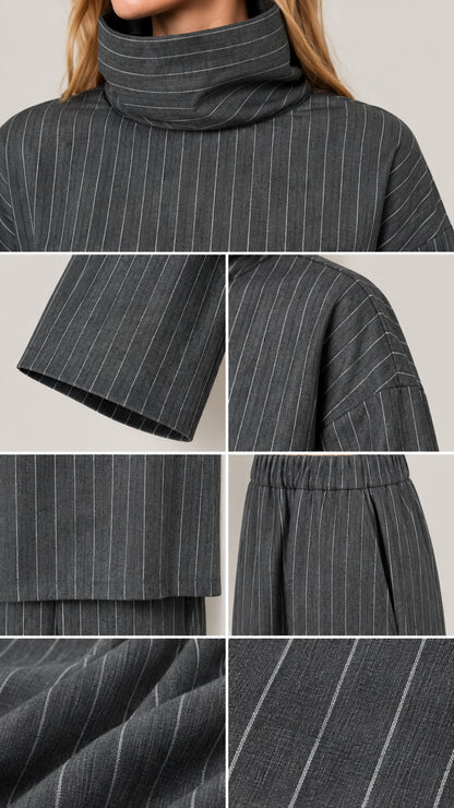 Close-up details of pinstripe fabric, funnel collar, sleeve cuffs, and waistband