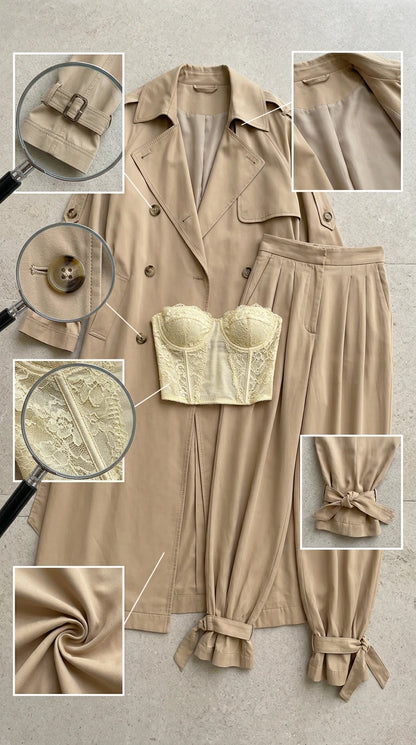 Flatlay detail of beige trench coat buttons, cuff straps, and tie-ankle trousers