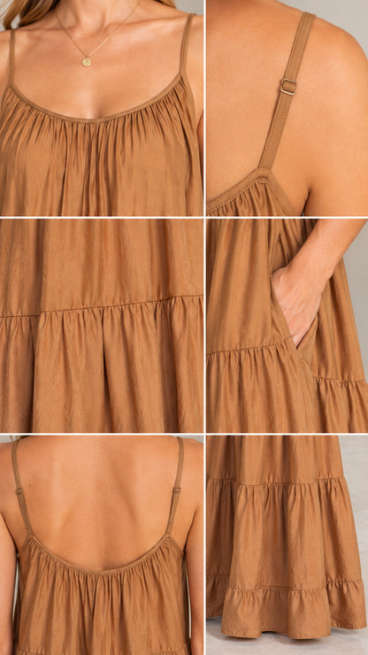 Close-up details of scoop neckline, adjustable strap, side pocket, and tiered hem