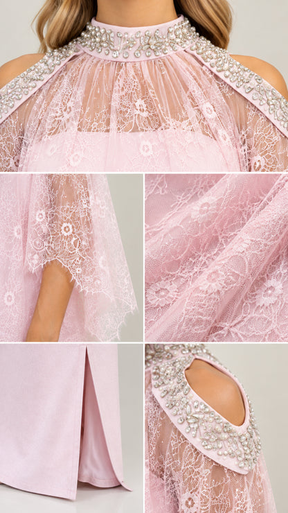 Close-up details of beaded neckline, cold-shoulder cutout, and lace texture on blush pink gown