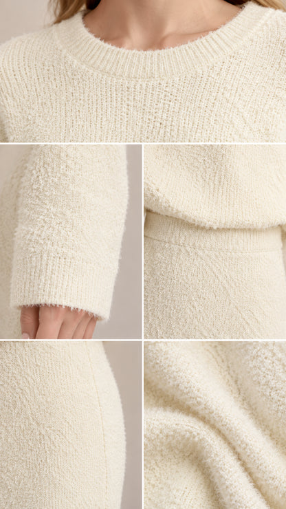 Close-up details of cream fuzzy knit texture, neckline, cuffs, and seam construction