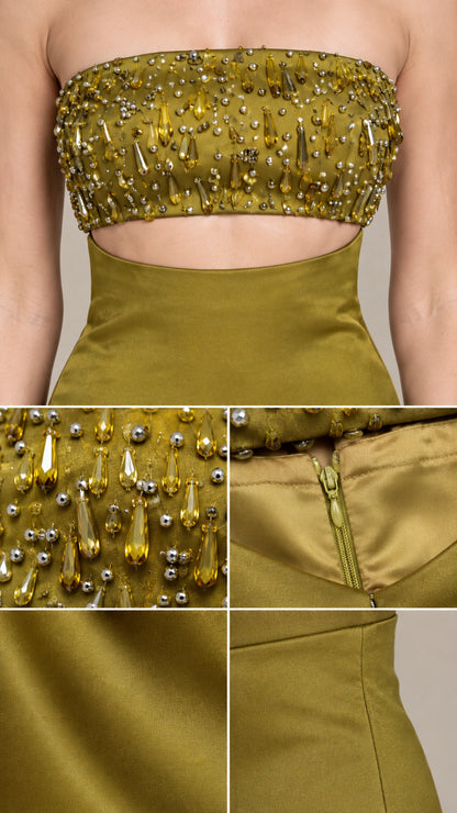 Close-up collage of beaded bodice details, gem embellishments, zipper, and satin fabric texture
