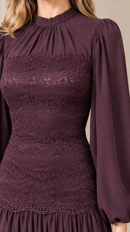 Close-up detail of gathered neckline and textured lace bodice on Plum maxi dress