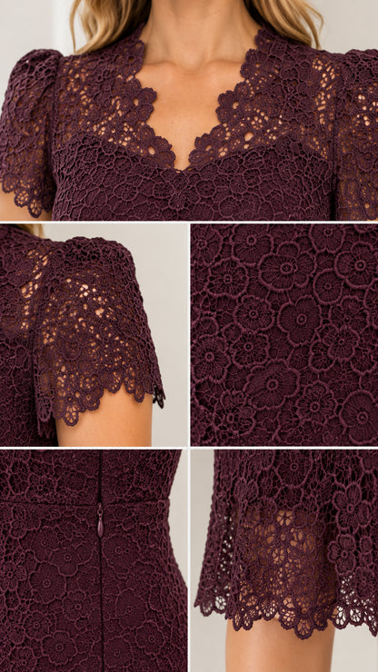 Detailed close-up of scalloped neckline, lace sleeves, and concealed zipper