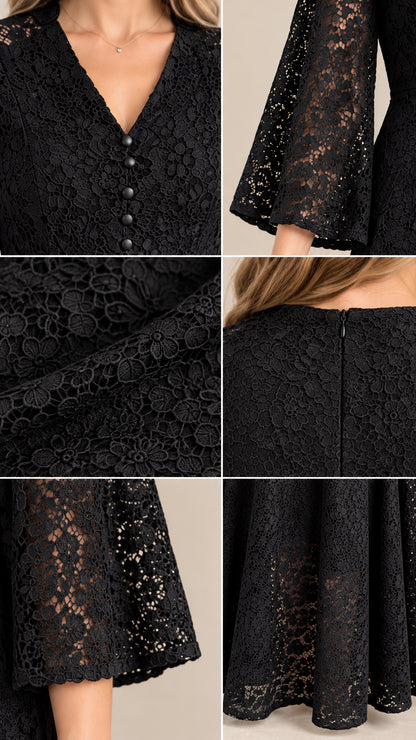 Close-up details of V-neckline, lace fabric texture, bell sleeve, and hem