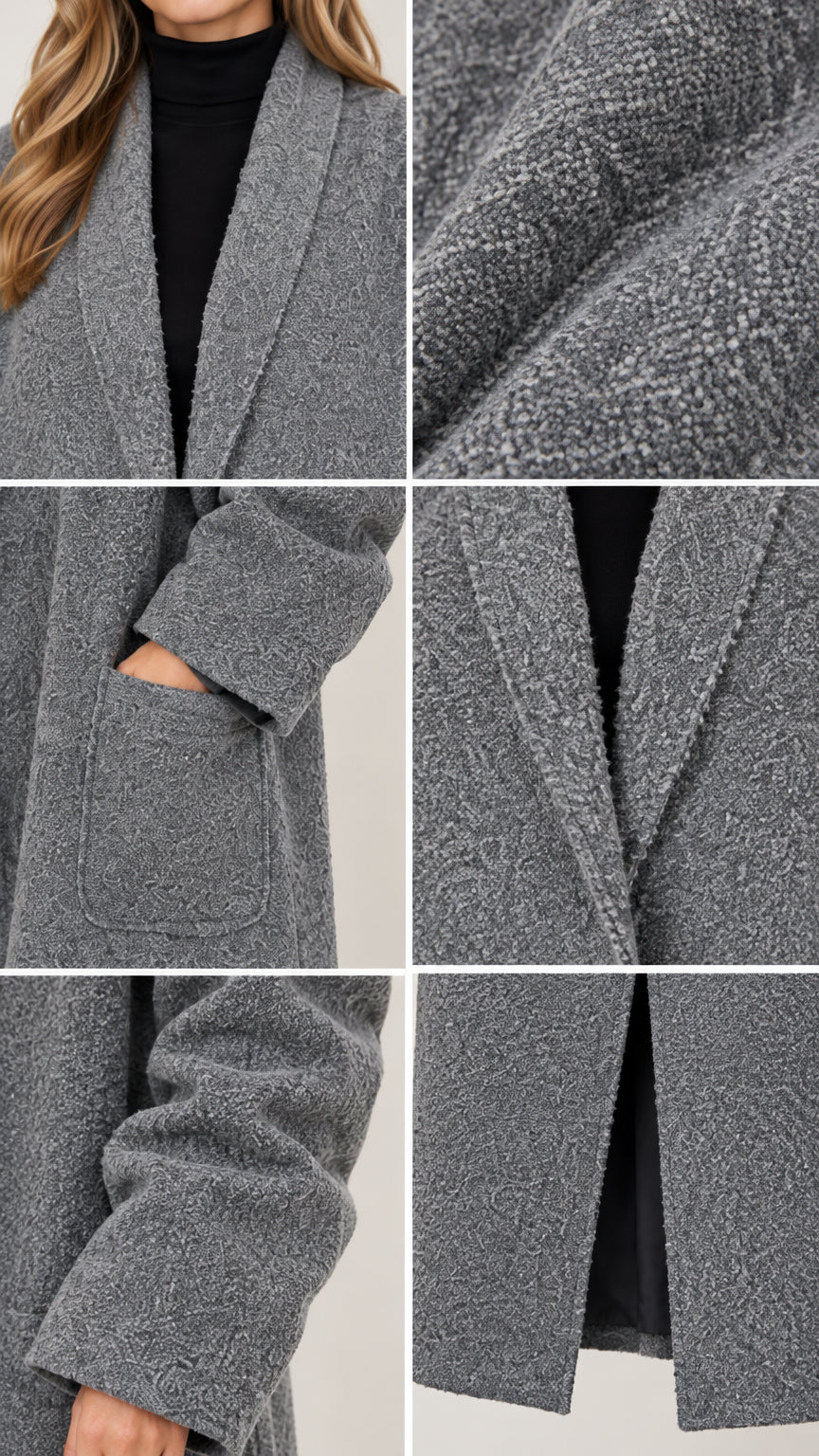 Close-up details of collar, bouclé fabric texture, pocket, and cuff