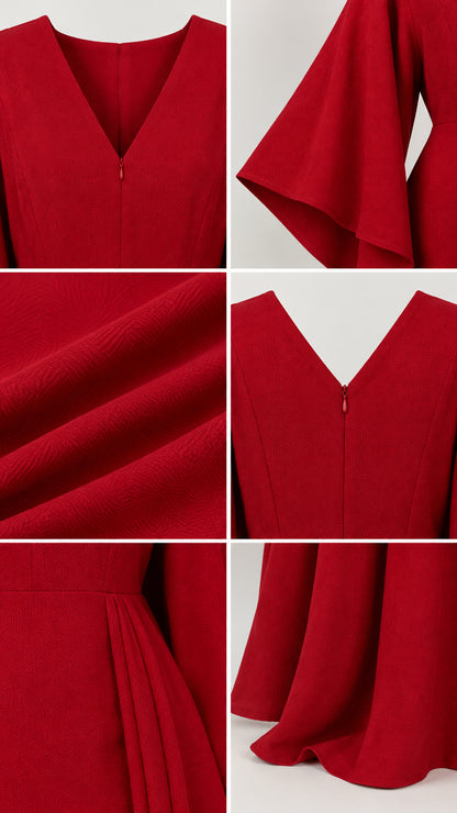 Close-up detail collage showing fabric texture, neckline, and cape sleeve drapery