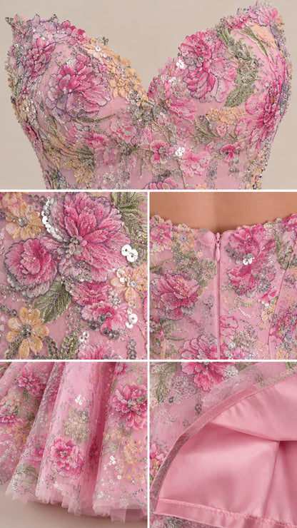 Close-up details of pink floral embroidery, sequin embellishments, and inner lining