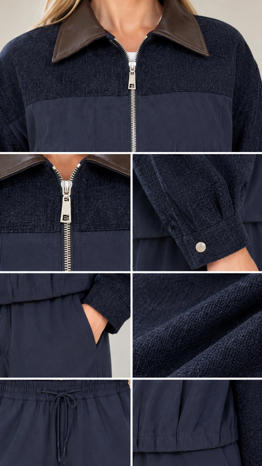 Close-up details of navy jacket collar, zipper, cuffs, pockets, and fabric texture