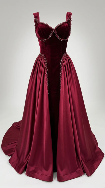 Burgundy velvet and satin formal evening gown product display