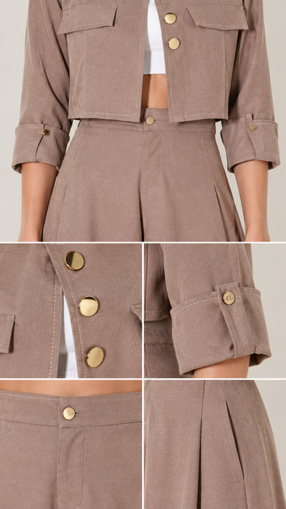 Close-up details of metallic buttons, flap pocket, cuff tabs, and waistband