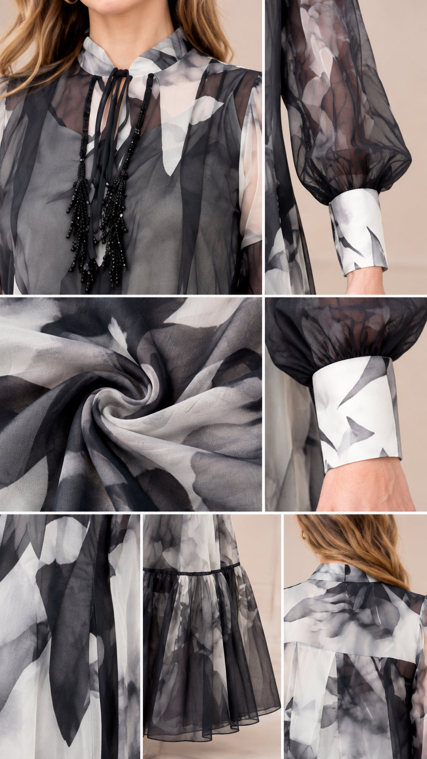 Close-up details of tie neckline, tassel trim, cuff, and tiered hem