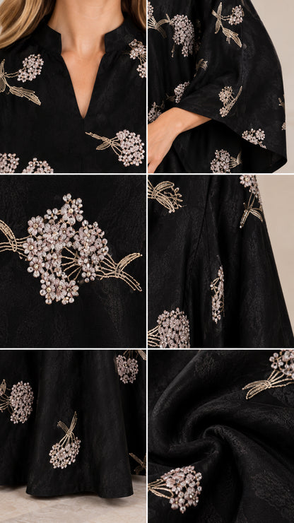 Detailed close-up collage of black kaftan neckline, embroidery, fabric texture, and cuff